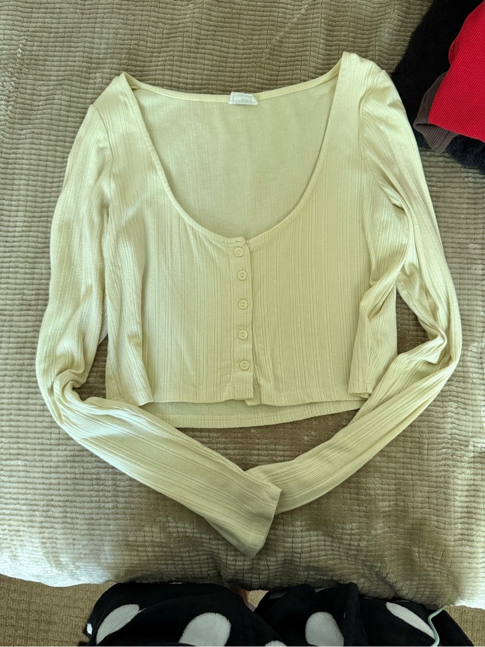 Cotton On Ribbed Scoop Button-Front Long Sleeve Top - Cream